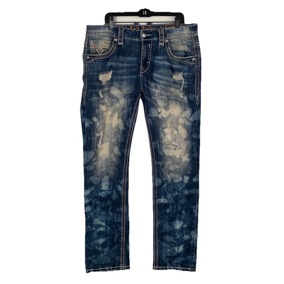 Rock Revival Jeans Size 36 Men's Straight Distressed Thick Stitching Cloud Wash